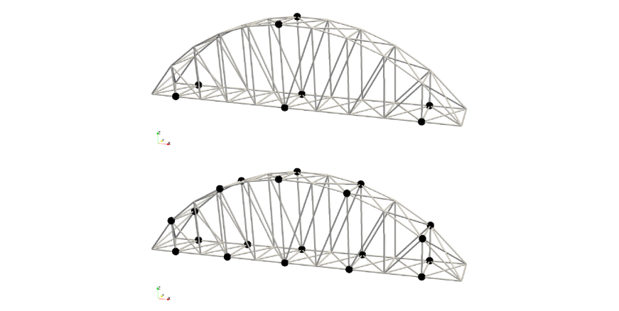 Bridge example: Sensors distribution for the 8 (top) and 20 (bottom) sensors configurations.